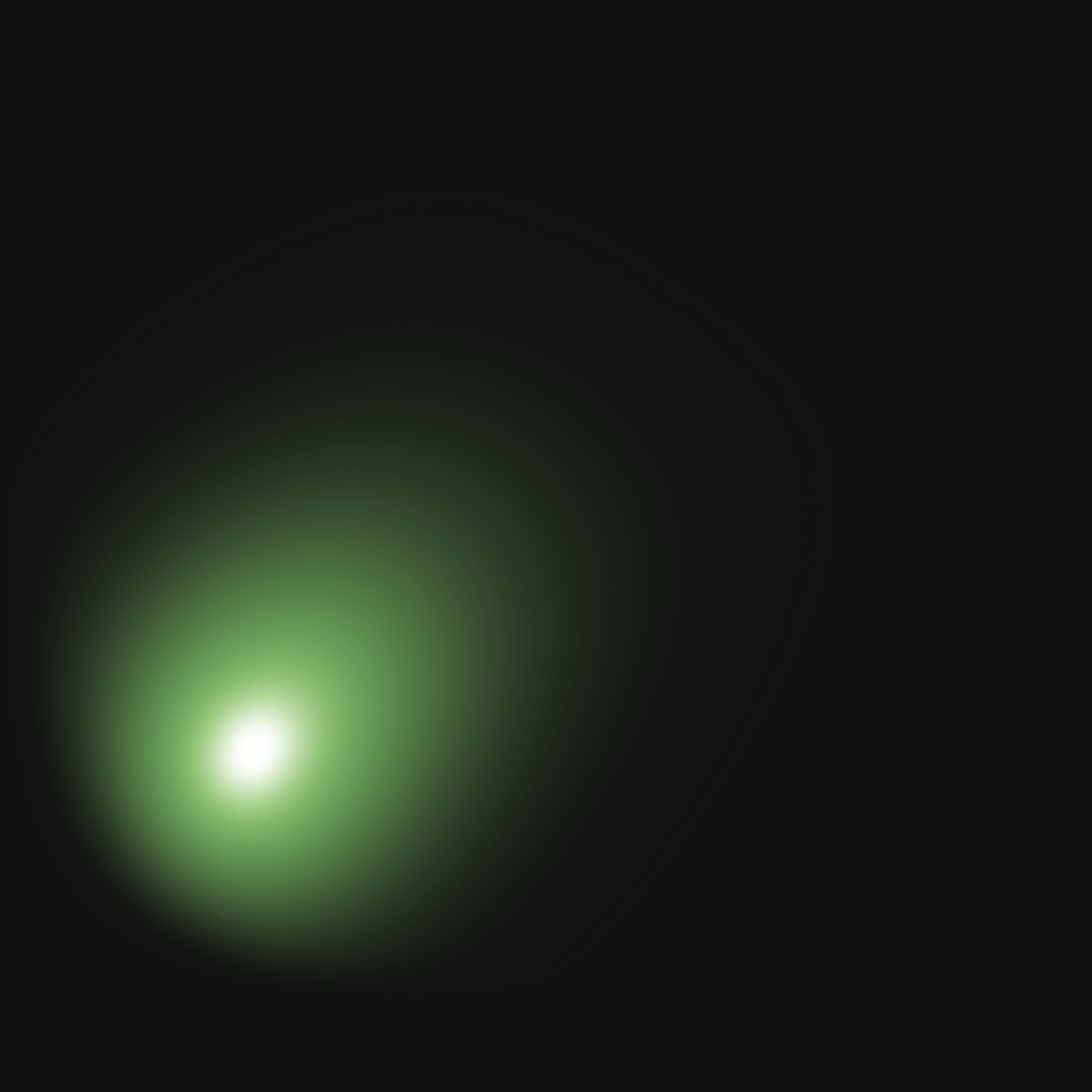 Bright green glowing orb with radiating light on a black background.