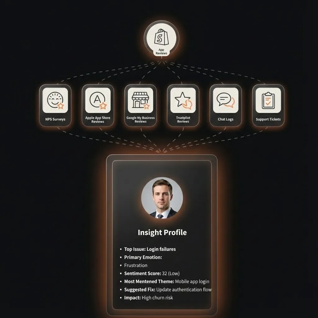 Customer feedback from surveys, reviews, chat logs and support tickets feeding an insight profile.
